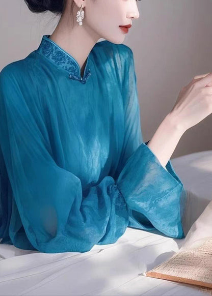 Stand Spring Elegant Collar Shirts Chiffon Blue
