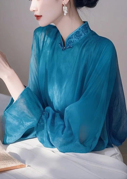 Stand Spring Elegant Collar Shirts Chiffon Blue