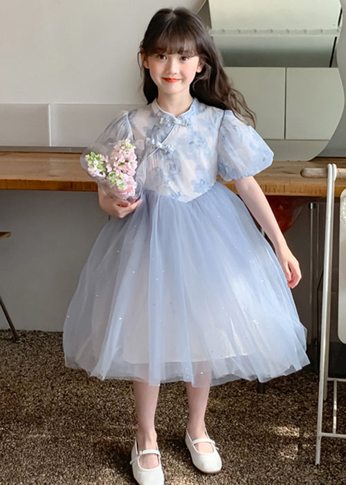 Elegant Blue Stand Collar Print Tulle Patchwork Girls Dress Summer TT038