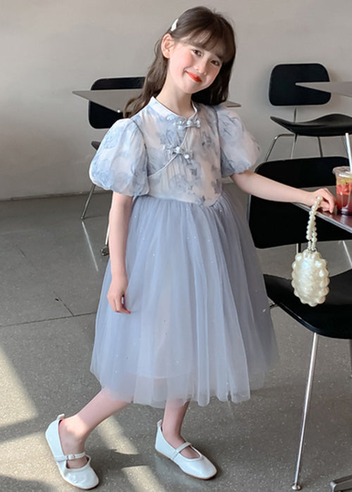 Elegant Blue Stand Collar Print Tulle Patchwork Girls Dress Summer TT038