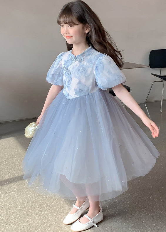 Elegant Blue Stand Collar Print Tulle Patchwork Girls Dress Summer TT038