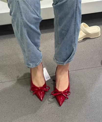 Bow Elegant High Heels Leather Red Splicing Stiletto Faux