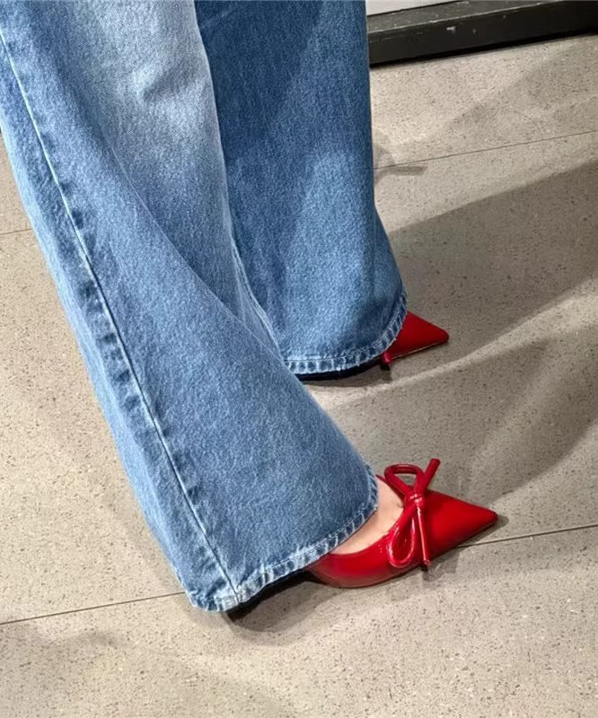 Bow Elegant High Heels Leather Red Splicing Stiletto Faux