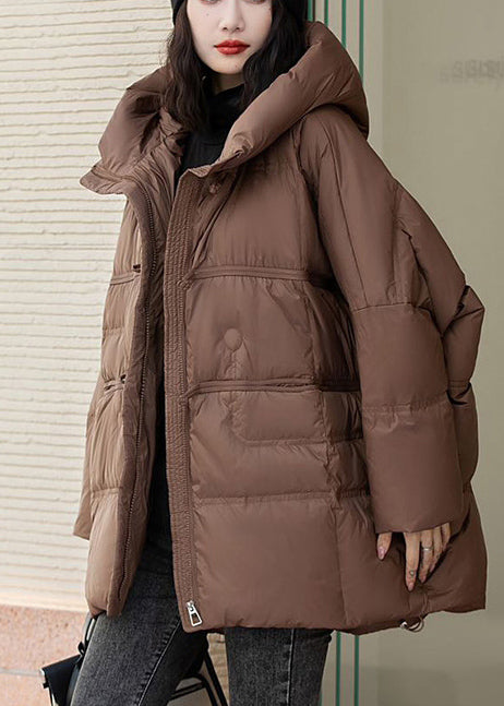 Elegant Brown Oversized Duck Down Hooded Coats Winter