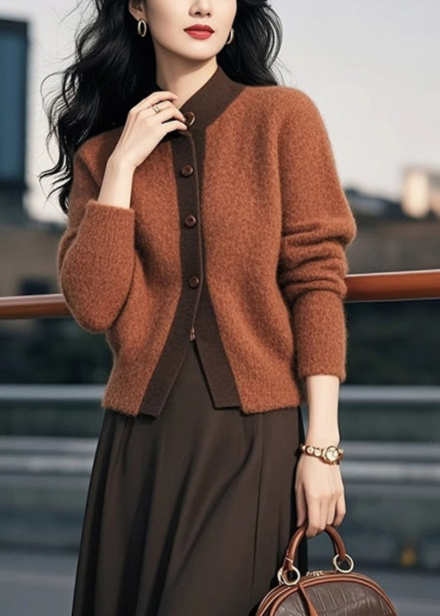 Elegant Brown Stand Collar Button Patchwork Knit Cardigans Spring TO003