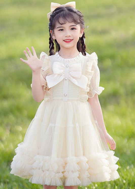 Elegant Champagne Bow Patchwork Button Tulle Girls Long Dress Short Sleeve EW032
