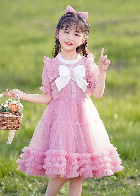 Elegant Champagne Bow Patchwork Button Tulle Girls Long Dress Short Sleeve EW032