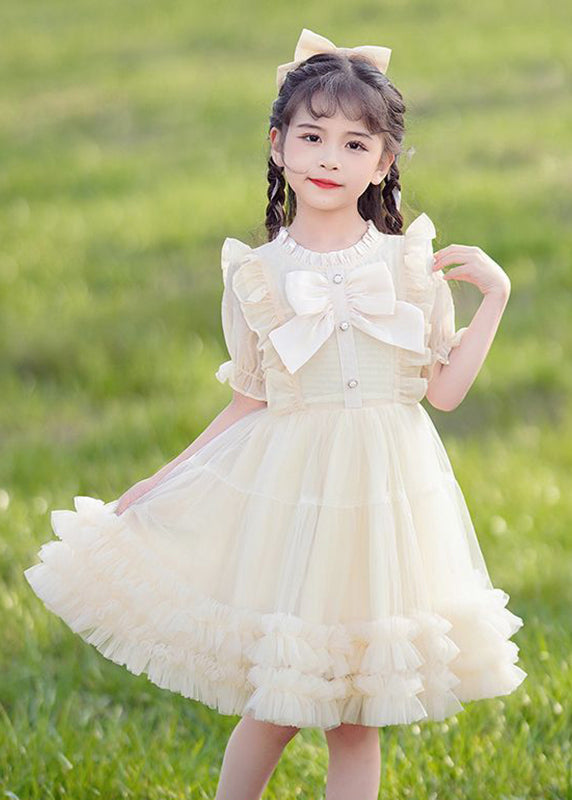 Elegant Champagne Bow Patchwork Button Tulle Girls Long Dress Short Sleeve EW032