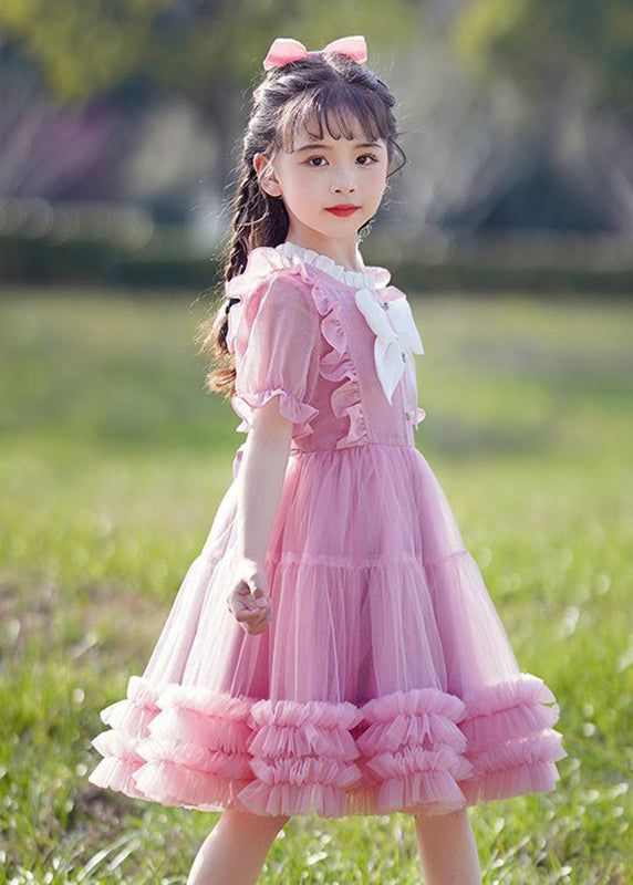 Elegant Champagne Bow Patchwork Button Tulle Girls Long Dress Short Sleeve EW032