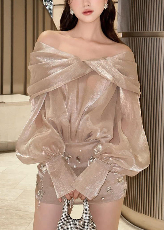 Elegant Champagne Color Slash Neck Zircon Silk Mid Dress Fall WQ036