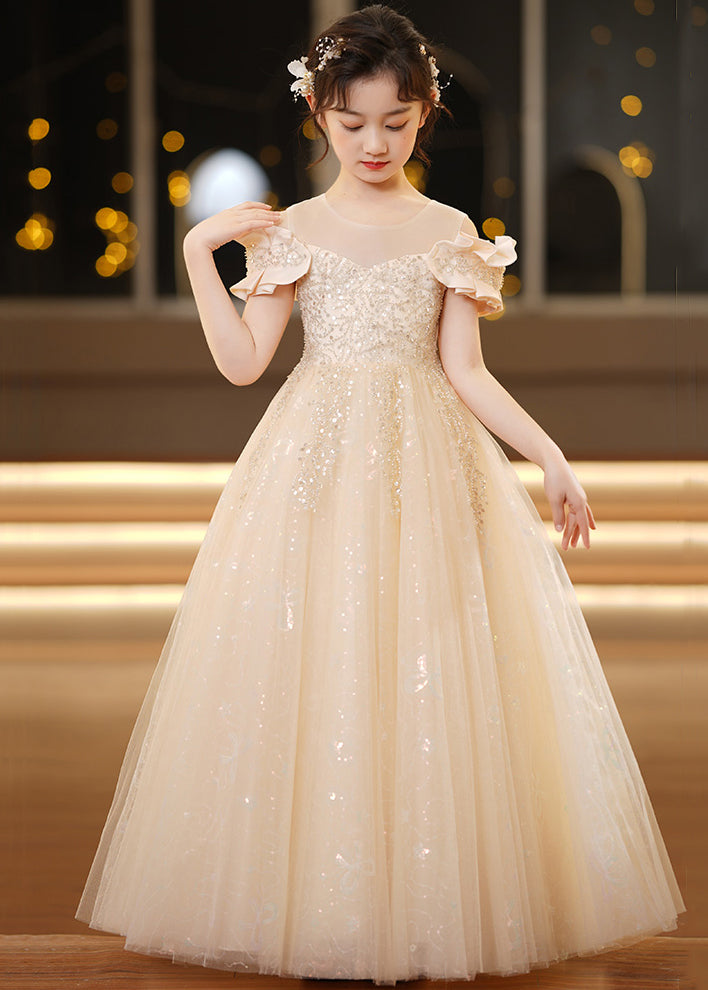 Elegant Champagne O-Neck Sequins Tulle Girls Holiday Dress Summer TT032
