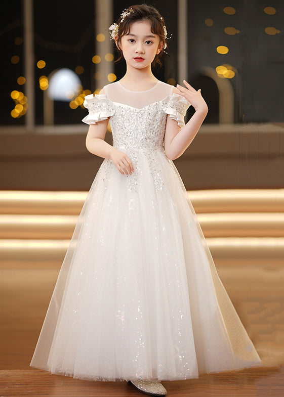Elegant Champagne O-Neck Sequins Tulle Girls Holiday Dress Summer TT032