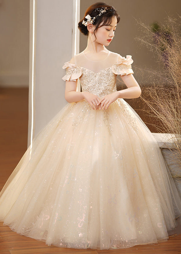 Elegant Champagne O-Neck Sequins Tulle Girls Holiday Dress Summer TT032