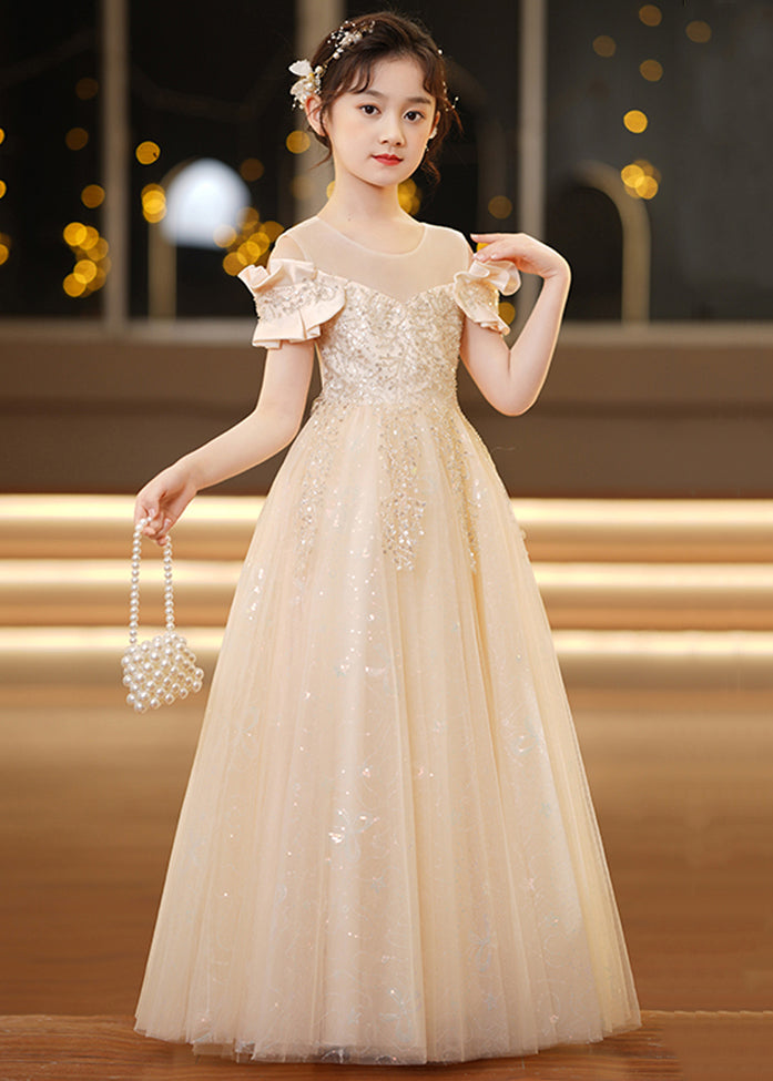 Elegant Champagne O-Neck Sequins Tulle Girls Holiday Dress Summer TT032