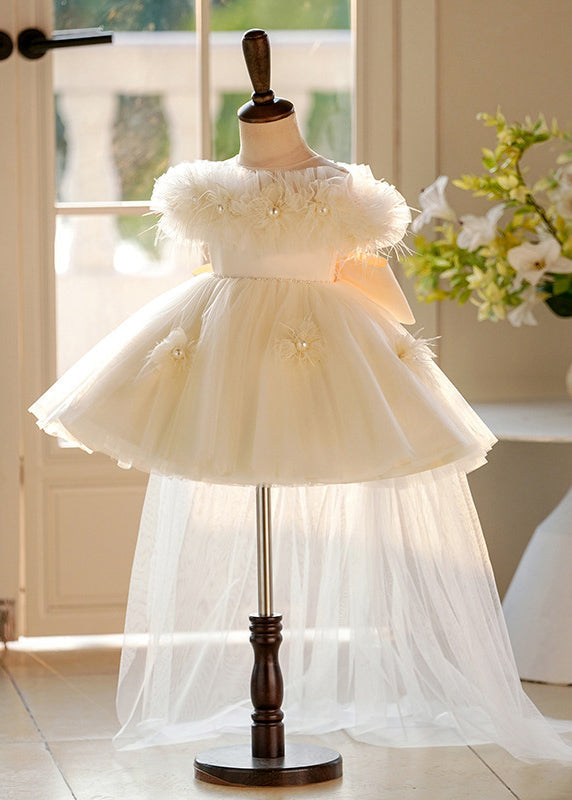 Elegant Champagne Pearl Tulle Kids Maxi Dresses Short Sleeve YG017