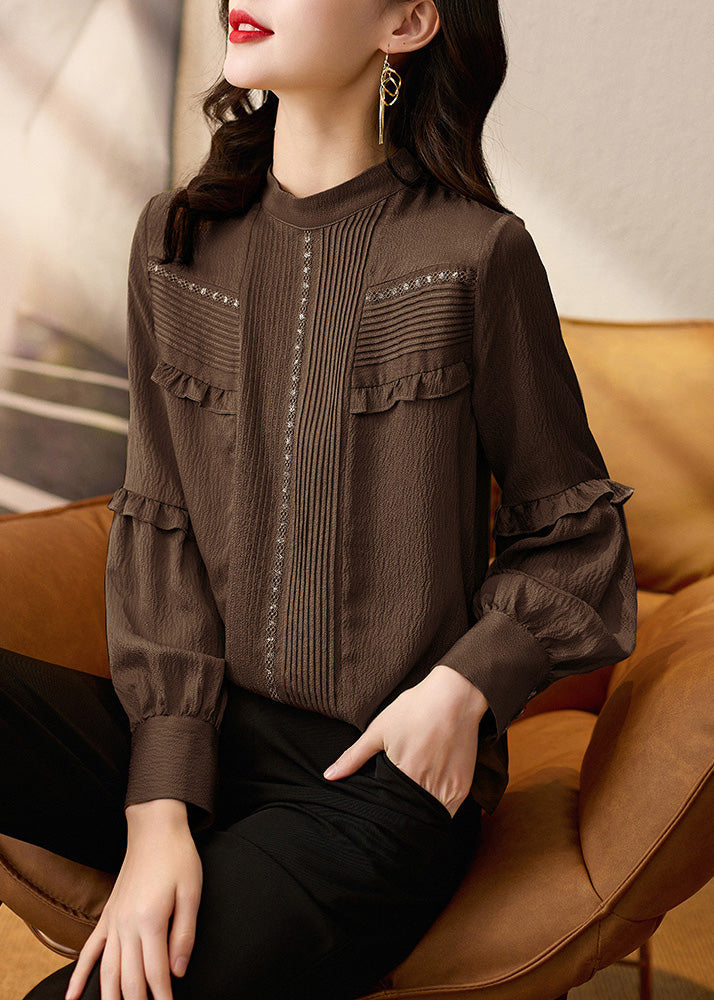 Elegant Ruffled Tops Patchwork Chocolate Shirt Spring Silk