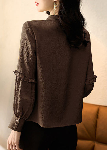 Elegant Ruffled Tops Patchwork Chocolate Shirt Spring Silk
