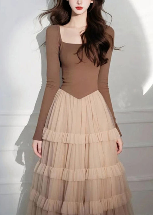 Cake Long Coffee Square Tulle Elegant Dress Patchwork Collar
