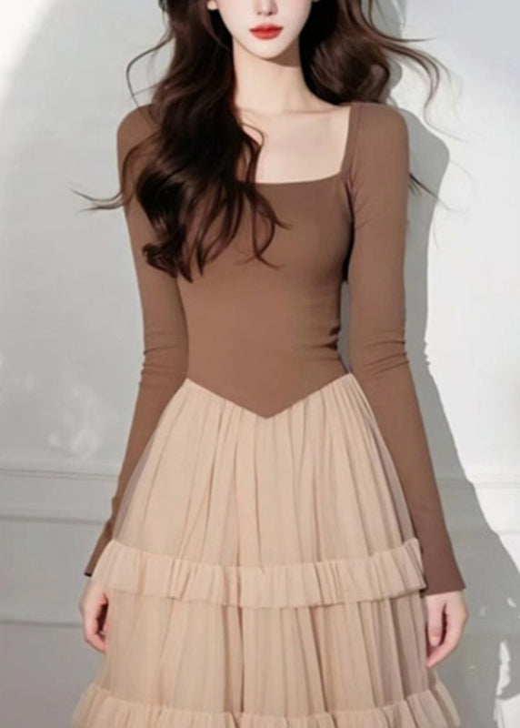 Cake Long Coffee Square Tulle Elegant Dress Patchwork Collar