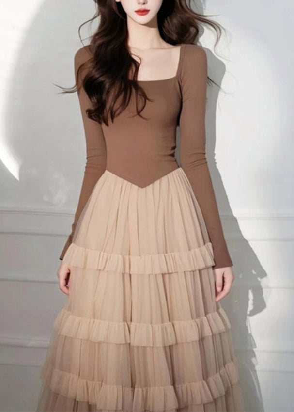 Cake Long Coffee Square Tulle Elegant Dress Patchwork Collar