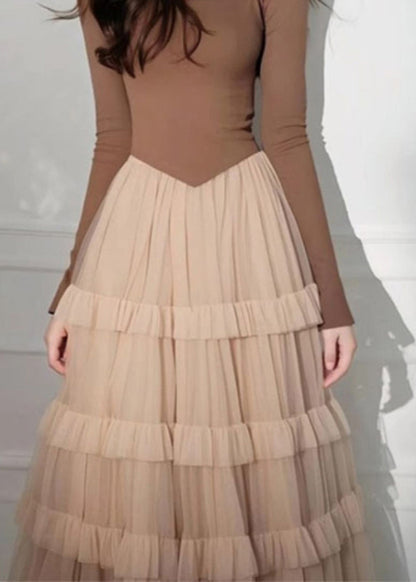 Cake Long Coffee Square Tulle Elegant Dress Patchwork Collar