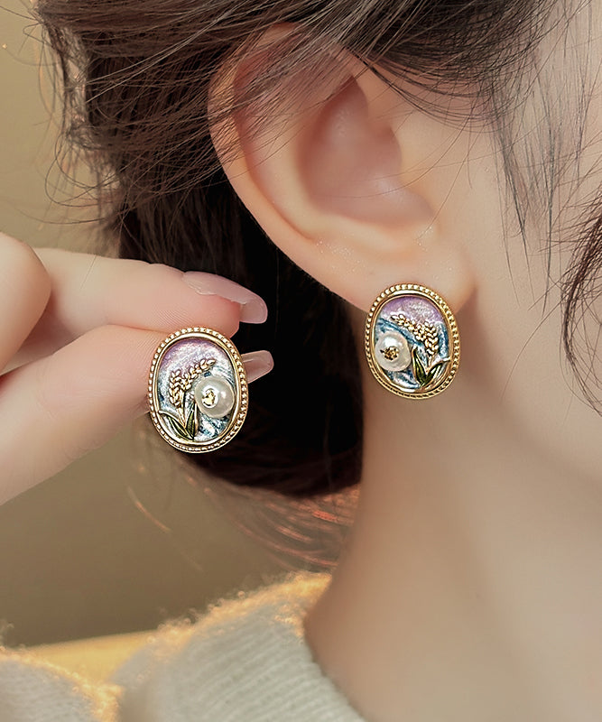 Elegant Gold Copper Alloy Pearl Enamel Stud Earrings TX029