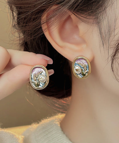 Elegant Gold Copper Alloy Pearl Enamel Stud Earrings TX029