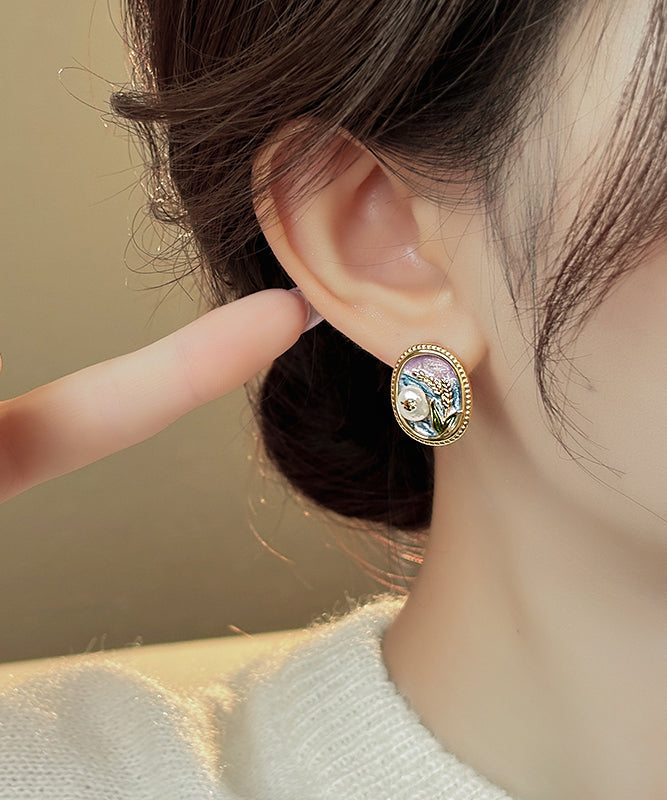 Elegant Gold Copper Alloy Pearl Enamel Stud Earrings TX029