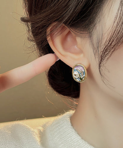 Elegant Gold Copper Alloy Pearl Enamel Stud Earrings TX029
