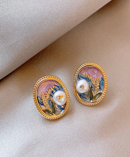 Elegant Gold Copper Alloy Pearl Enamel Stud Earrings TX029