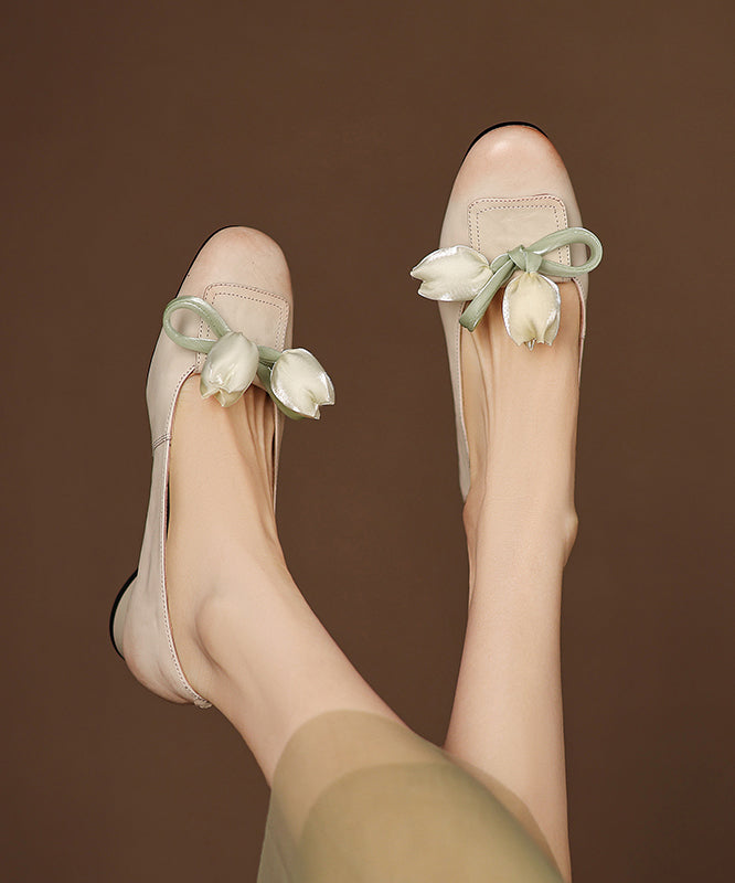 Shoes Elegant Cowhide Bow Leather Flat Splicing Floral Green