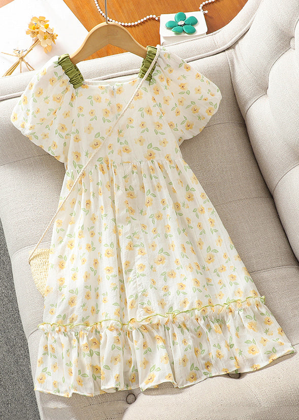 Elegant Green Square Collar Print Cotton Girls Dress Summer TT018