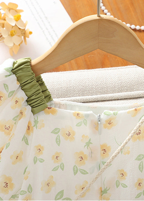 Elegant Green Square Collar Print Cotton Girls Dress Summer TT018