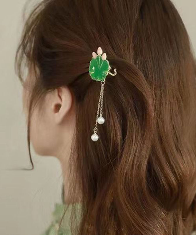 Elegant Green Sterling Silver Alloy Pearl Lotus Leaves Hairpin DF1023