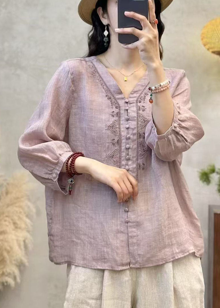 Shirts Sleeve Grey Linen Neck Bracelet Embroidered V Elegant