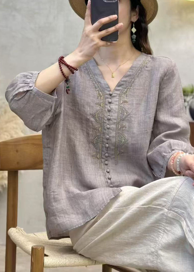Shirts Sleeve Grey Linen Neck Bracelet Embroidered V Elegant
