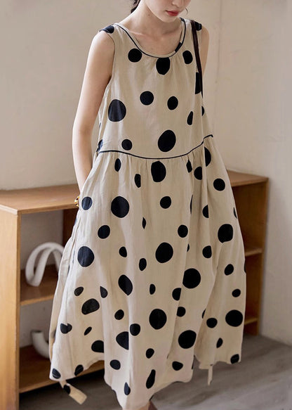 Tie Pockets Waist Elegant Long Dress Cotton Dot Sleeveless Khaki