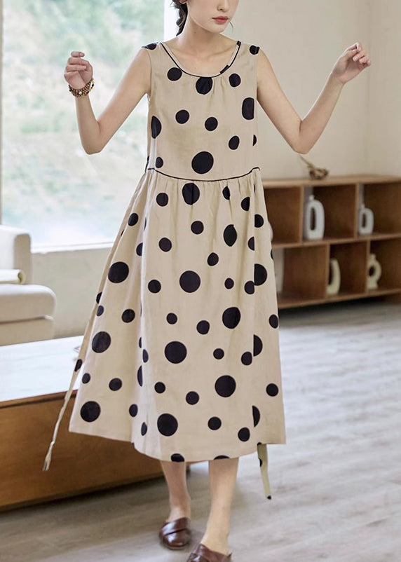 Tie Pockets Waist Elegant Long Dress Cotton Dot Sleeveless Khaki