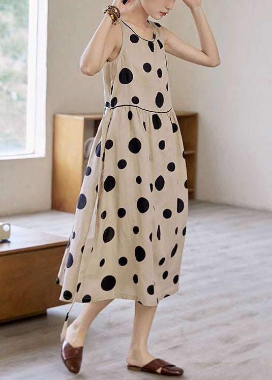 Tie Pockets Waist Elegant Long Dress Cotton Dot Sleeveless Khaki