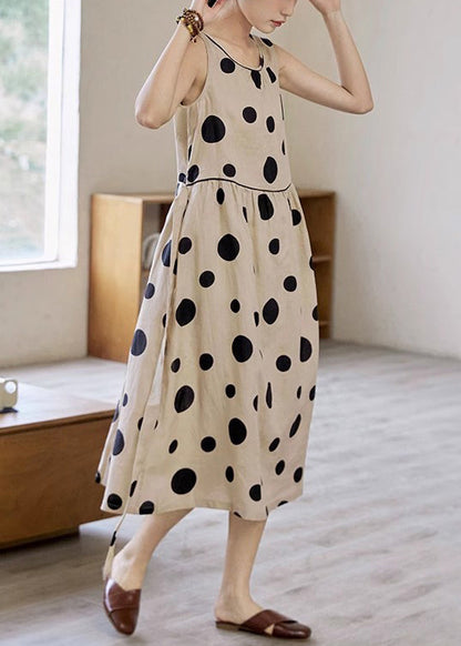 Tie Long Sleeveless Dress Cotton Pockets Elegant Dot Waist Khaki