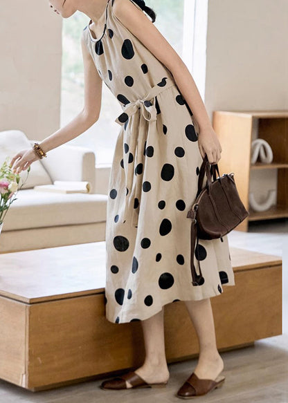 Tie Pockets Waist Elegant Long Dress Cotton Dot Sleeveless Khaki