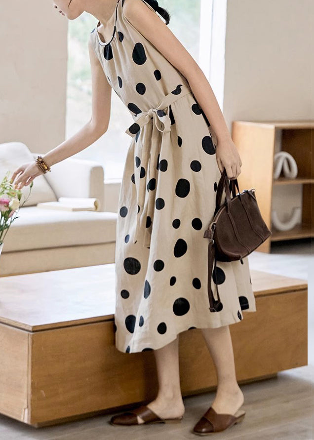 Tie Long Sleeveless Dress Cotton Pockets Elegant Dot Waist Khaki
