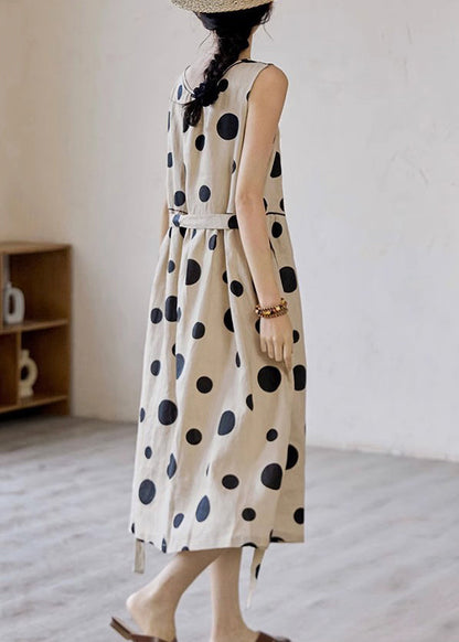 Tie Pockets Waist Elegant Long Dress Cotton Dot Sleeveless Khaki