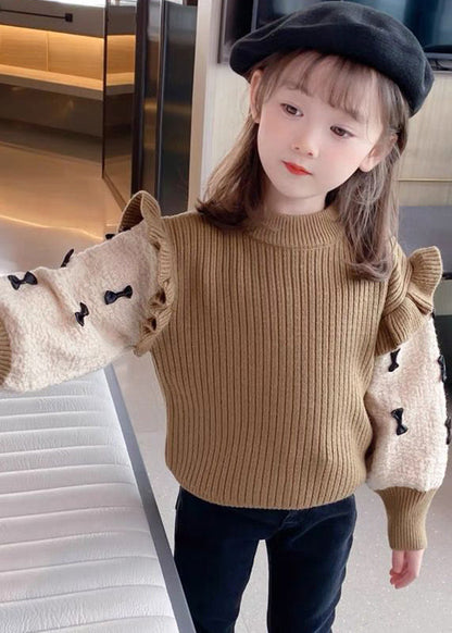 Elegant Khaki Ruffled Patchwork Bow Cotton Knit Kids Sweaters Winter WL046