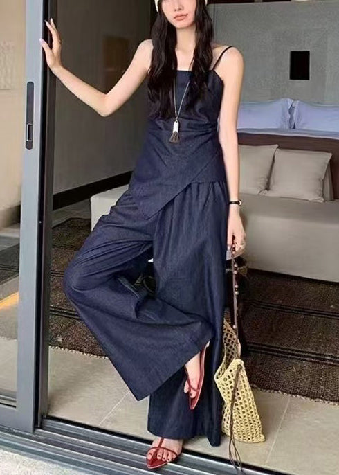 Elegant Navy Denim Summer Fit Piece Asymmetrical Silm 2 Outfit