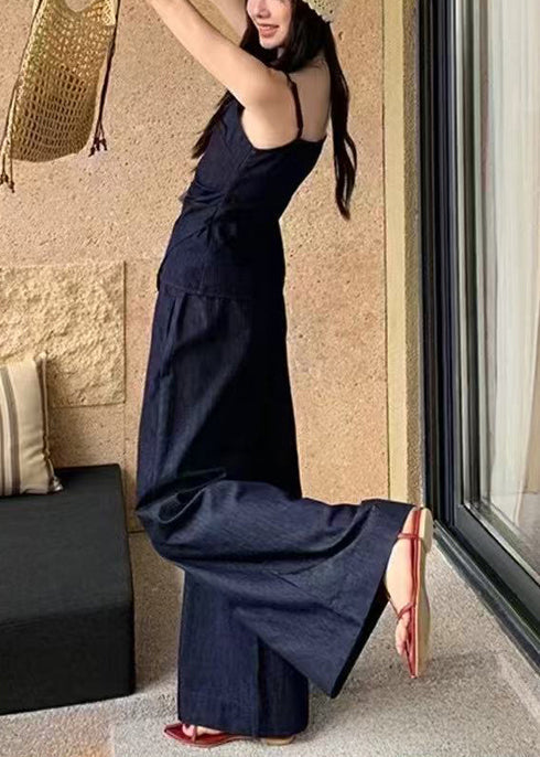 Elegant Navy Denim Summer Fit Piece Asymmetrical Silm 2 Outfit