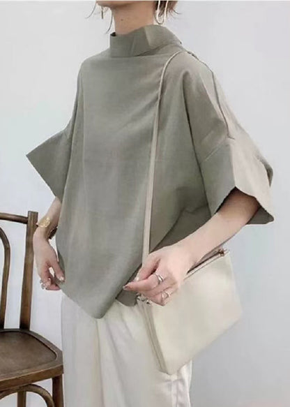 Shirt Navy Elegant Batwing Stand Collar Sleeve Cotton