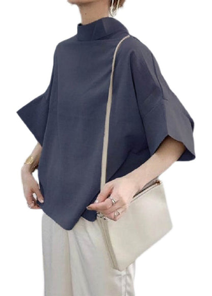 Shirt Navy Elegant Batwing Stand Collar Sleeve Cotton
