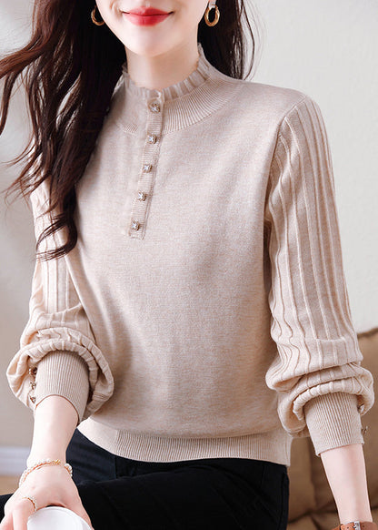 Elegant Oatmeal Ruffled Button Patchwork Woolen Sweater Spring TF026