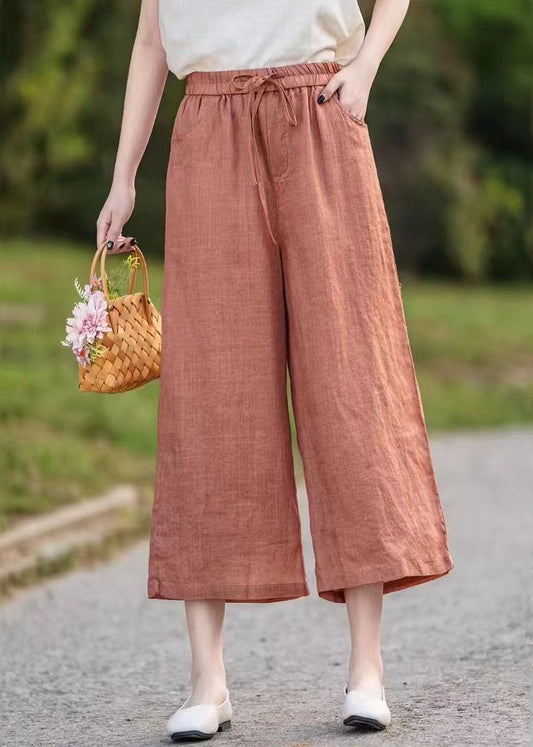 Linen Waist Crop Elastic Elegant Summer Pants Orange